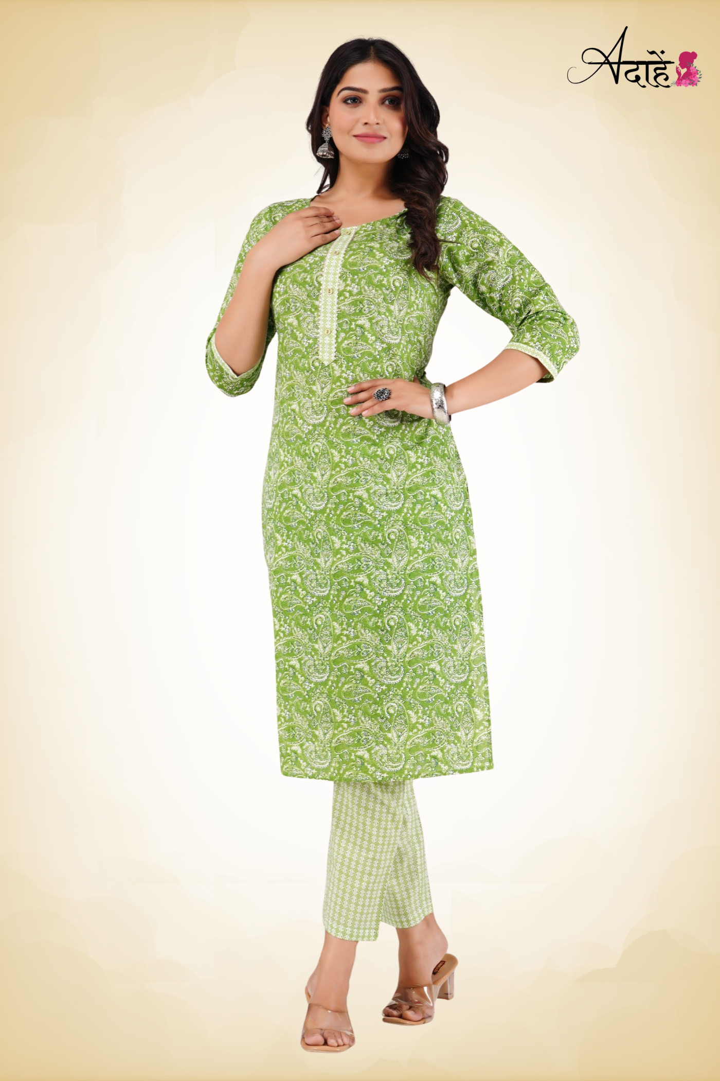 Adaahe Women’s Green Printed Kurti with Straight Pants - Adaahe