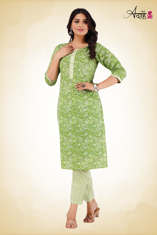 Adaahe Women’s Green Printed Kurti with Straight Pants - Adaahe