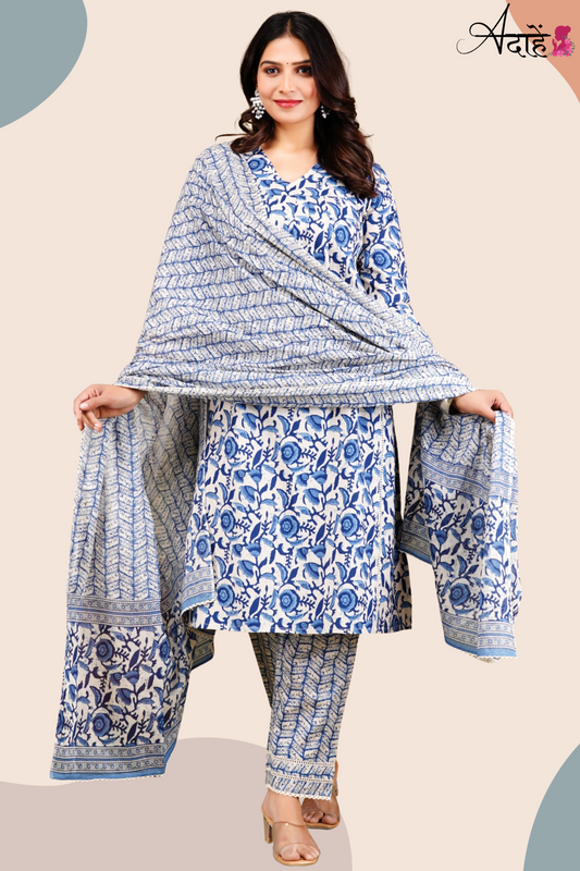Adaahe Women's Pure Cotton Kurta Set with Dupatta | Blue & White Floral Print - Adaahe