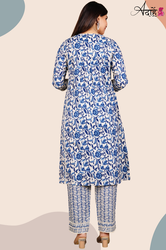 Adaahe Women's Pure Cotton Kurta Set with Dupatta | Blue & White Floral Print - Adaahe