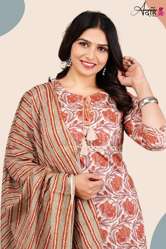 Adaahe Women's Pure Cotton Kurta Set with Dupatta | Earthy Floral & Striped Print - Adaahe