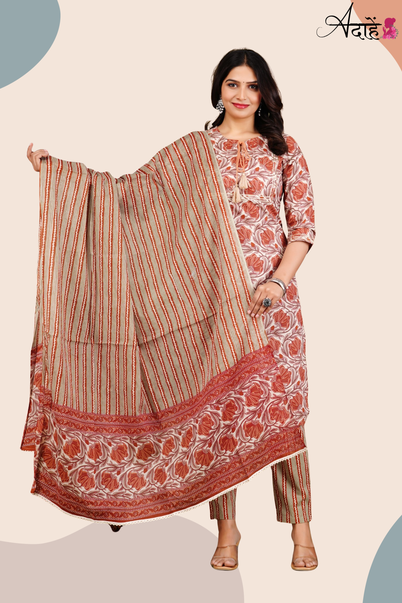 Adaahe Women's Pure Cotton Kurta Set with Dupatta | Earthy Floral & Striped Print - Adaahe