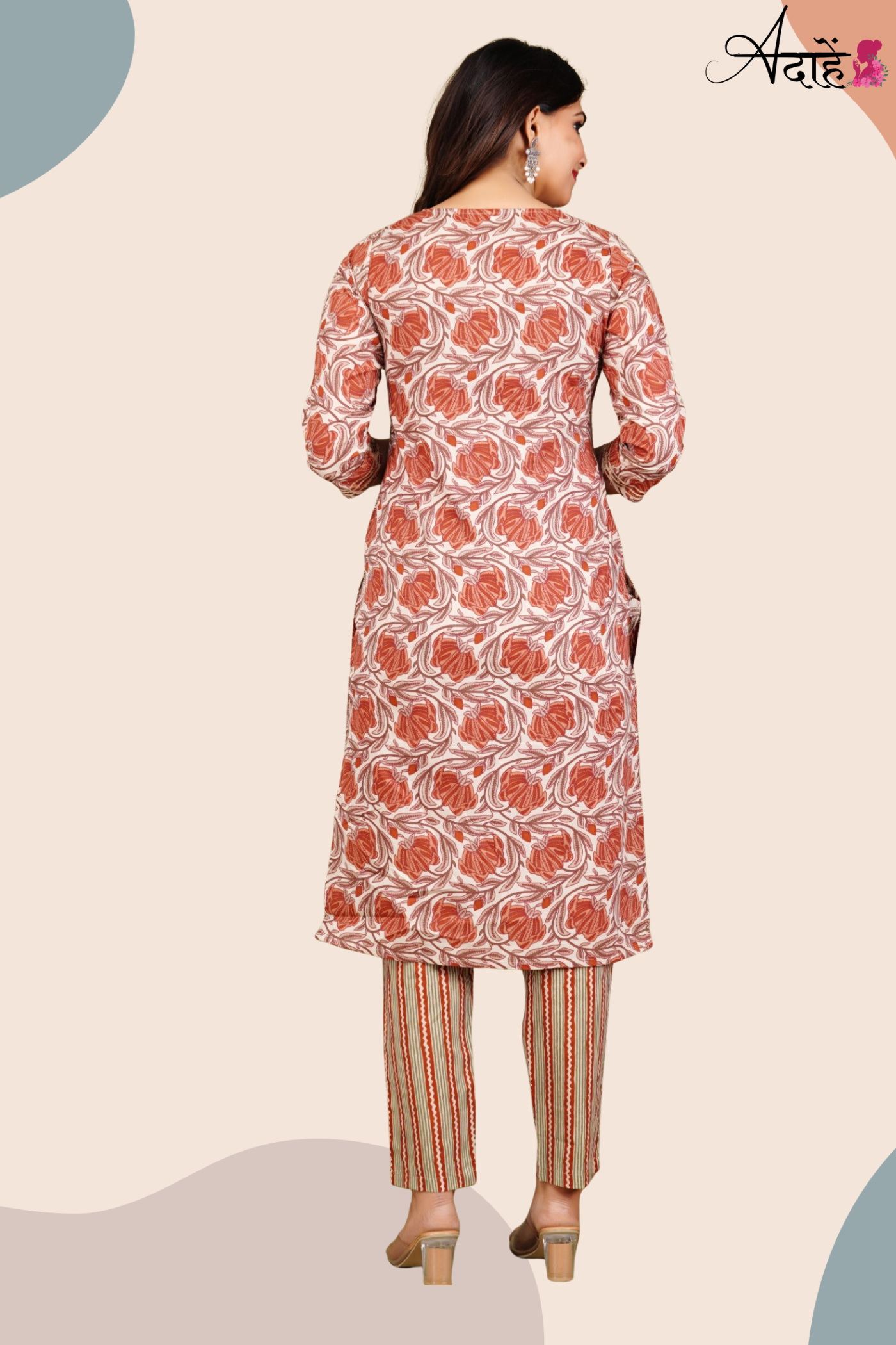 Adaahe Women's Pure Cotton Kurta Set with Dupatta | Earthy Floral & Striped Print - Adaahe