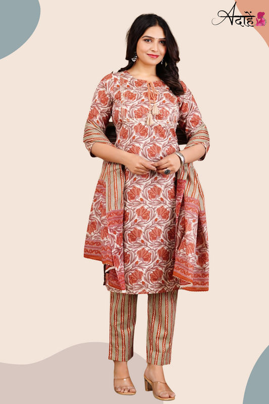 Adaahe Women's Pure Cotton Kurta Set with Dupatta | Earthy Floral & Striped Print - Adaahe