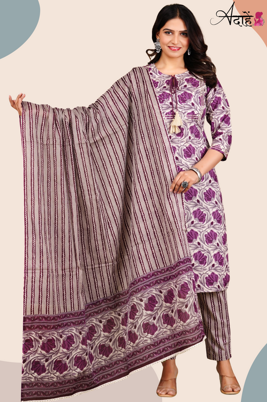 Adaahe Women's Pure Cotton Kurta Set with Dupatta | Purple Floral & Striped Print - Adaahe