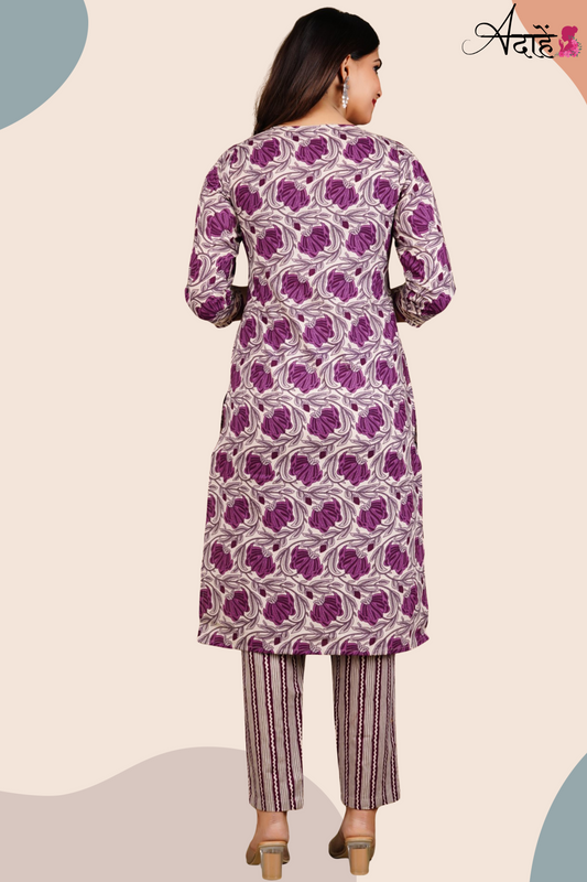 Adaahe Women's Pure Cotton Kurta Set with Dupatta | Purple Floral & Striped Print - Adaahe