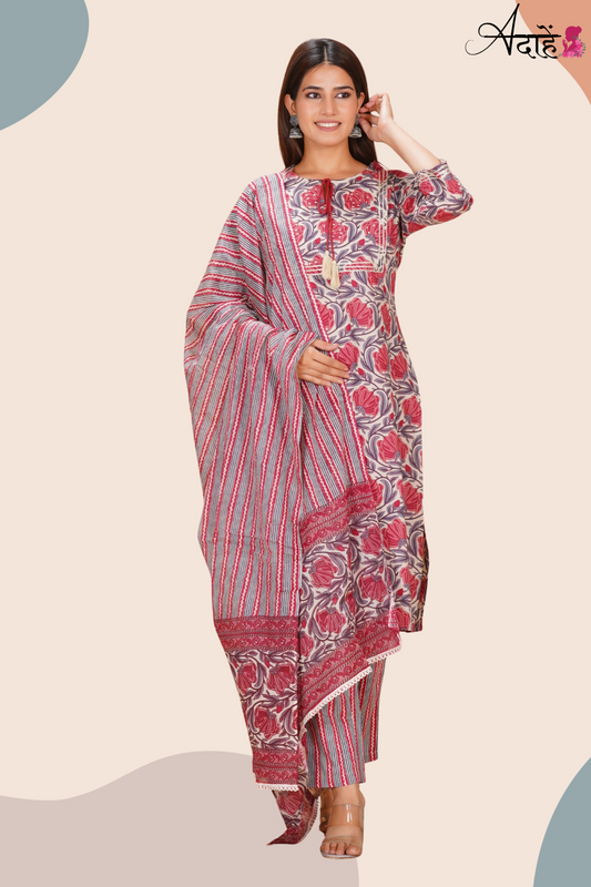 Adaahe Women's Pure Cotton Kurta Set with Dupatta | Red Floral & Striped Print - Adaahe