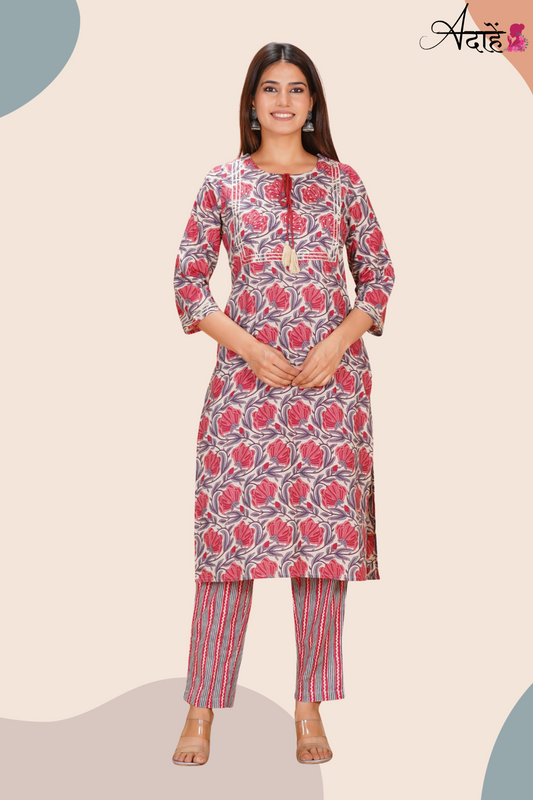Adaahe Women's Pure Cotton Kurta Set with Dupatta | Red Floral & Striped Print - Adaahe