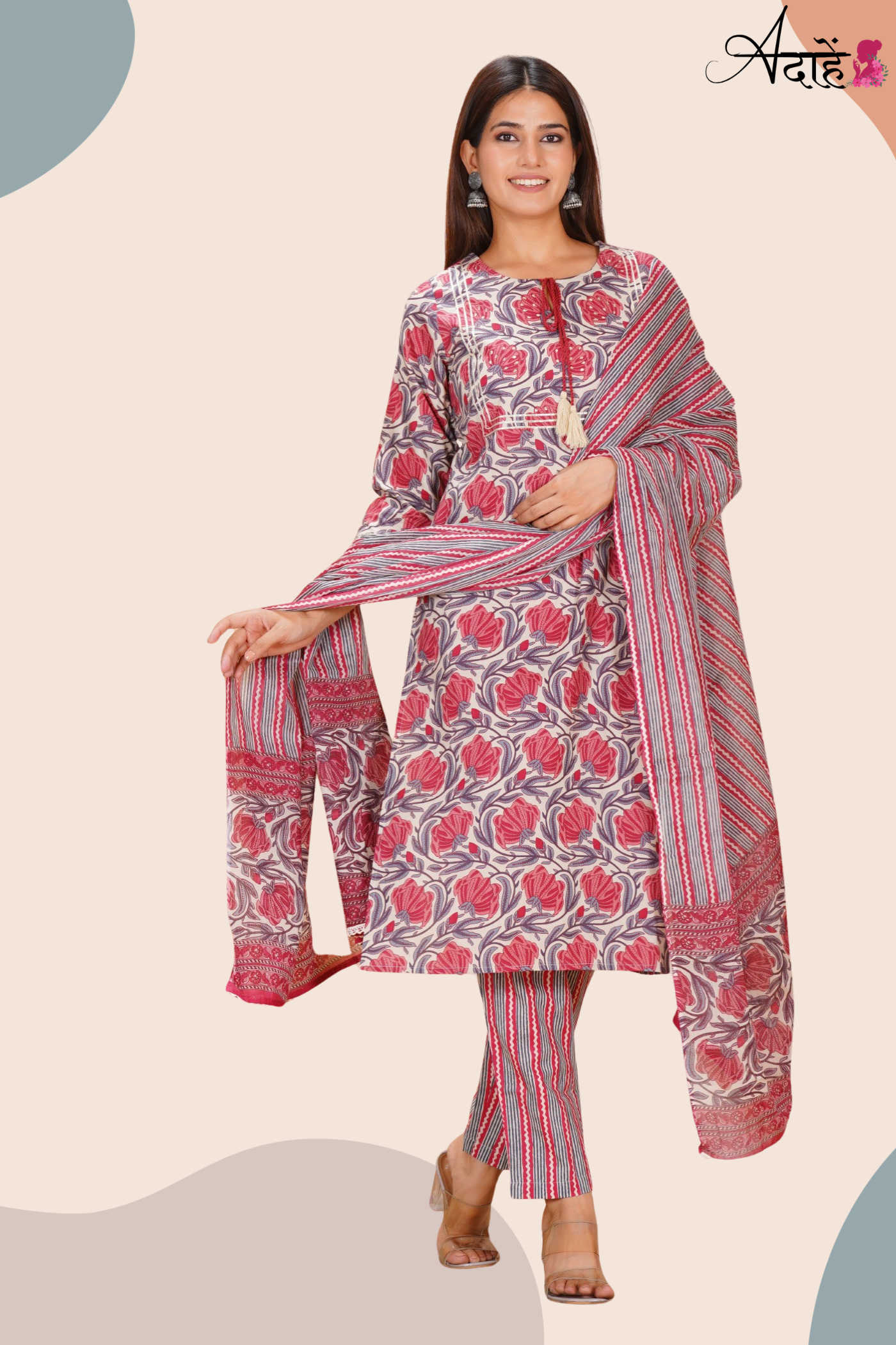 Adaahe Women's Pure Cotton Kurta Set with Dupatta | Red Floral & Striped Print - Adaahe