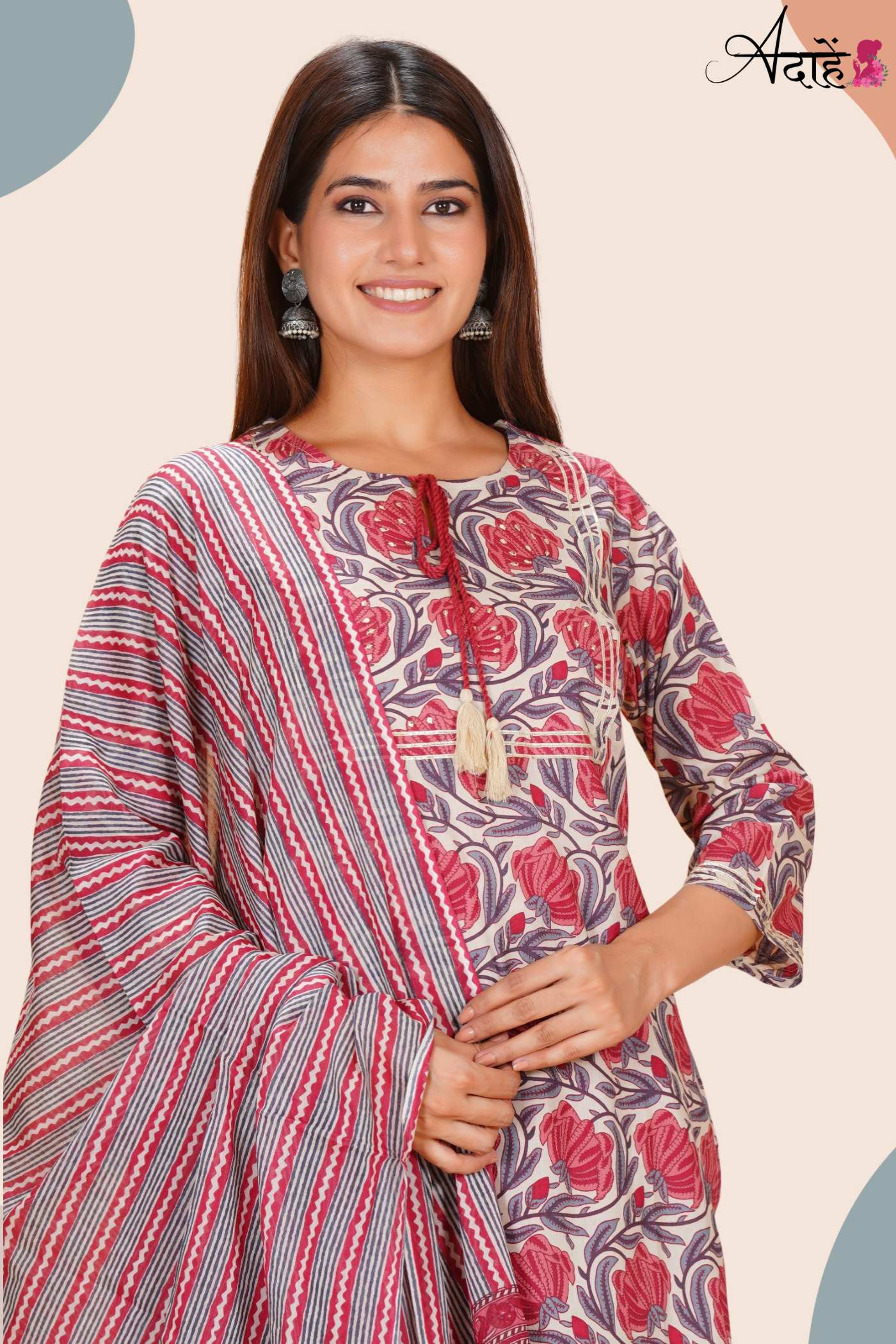 Adaahe Women's Pure Cotton Kurta Set with Dupatta | Red Floral & Striped Print - Adaahe