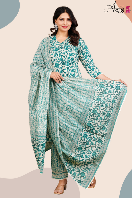 Adaahe Women's Pure Cotton Kurta Set with Dupatta | Sea Green Floral Print - Adaahe