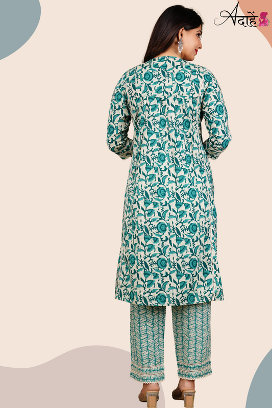 Adaahe Women's Pure Cotton Kurta Set with Dupatta | Sea Green Floral Print - Adaahe