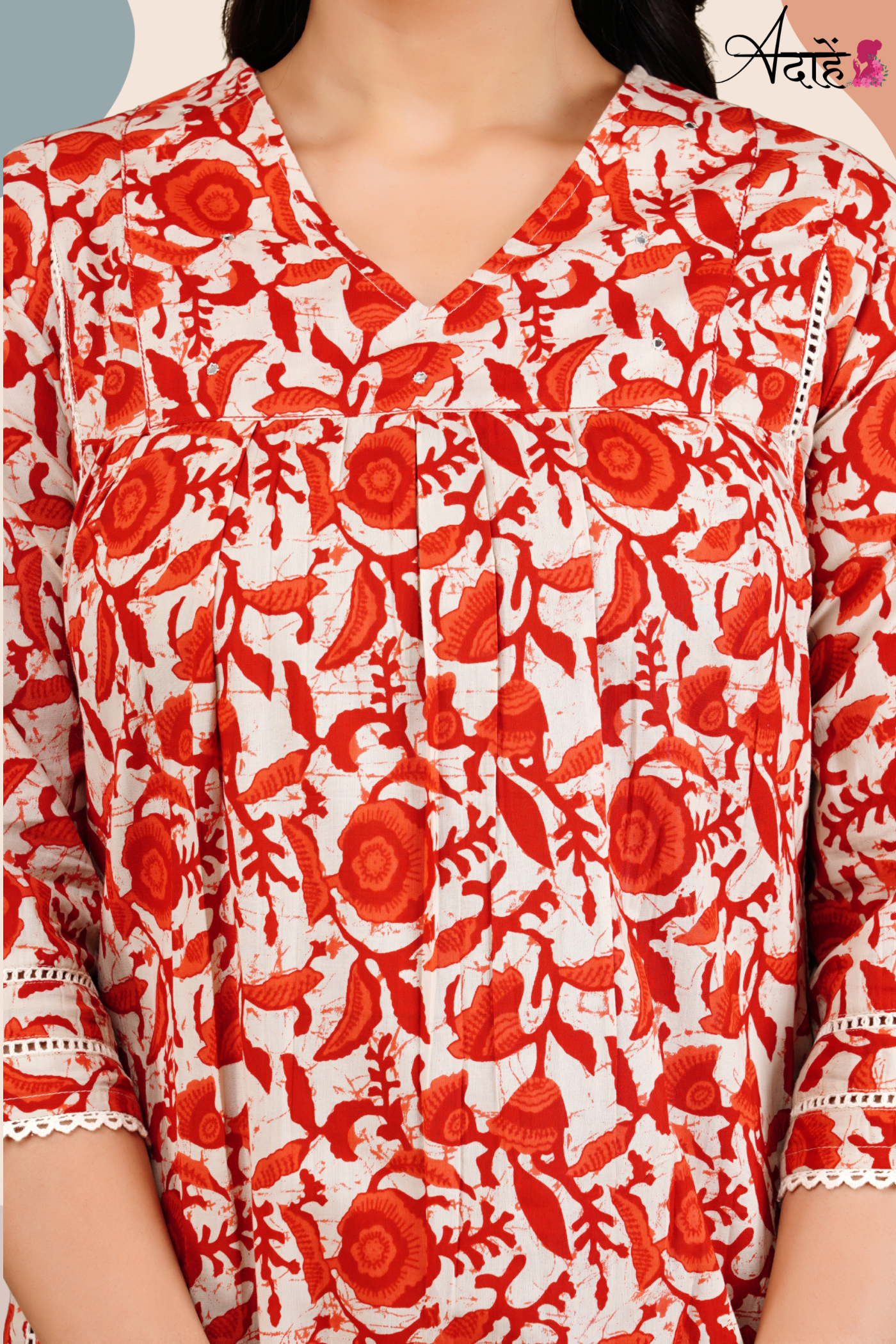 Adaahe Women's Pure Cotton Kurta Set with Dupatta | Vibrant Red Floral Print - Adaahe