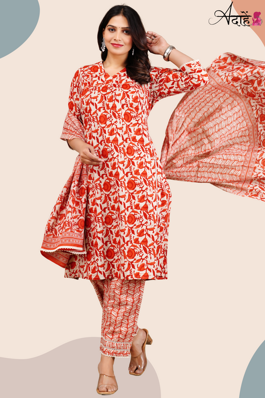 Adaahe Women's Pure Cotton Kurta Set with Dupatta | Vibrant Red Floral Print - Adaahe