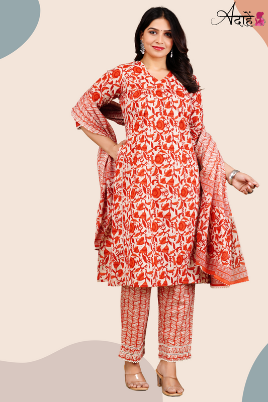 Adaahe Women's Pure Cotton Kurta Set with Dupatta | Vibrant Red Floral Print - Adaahe