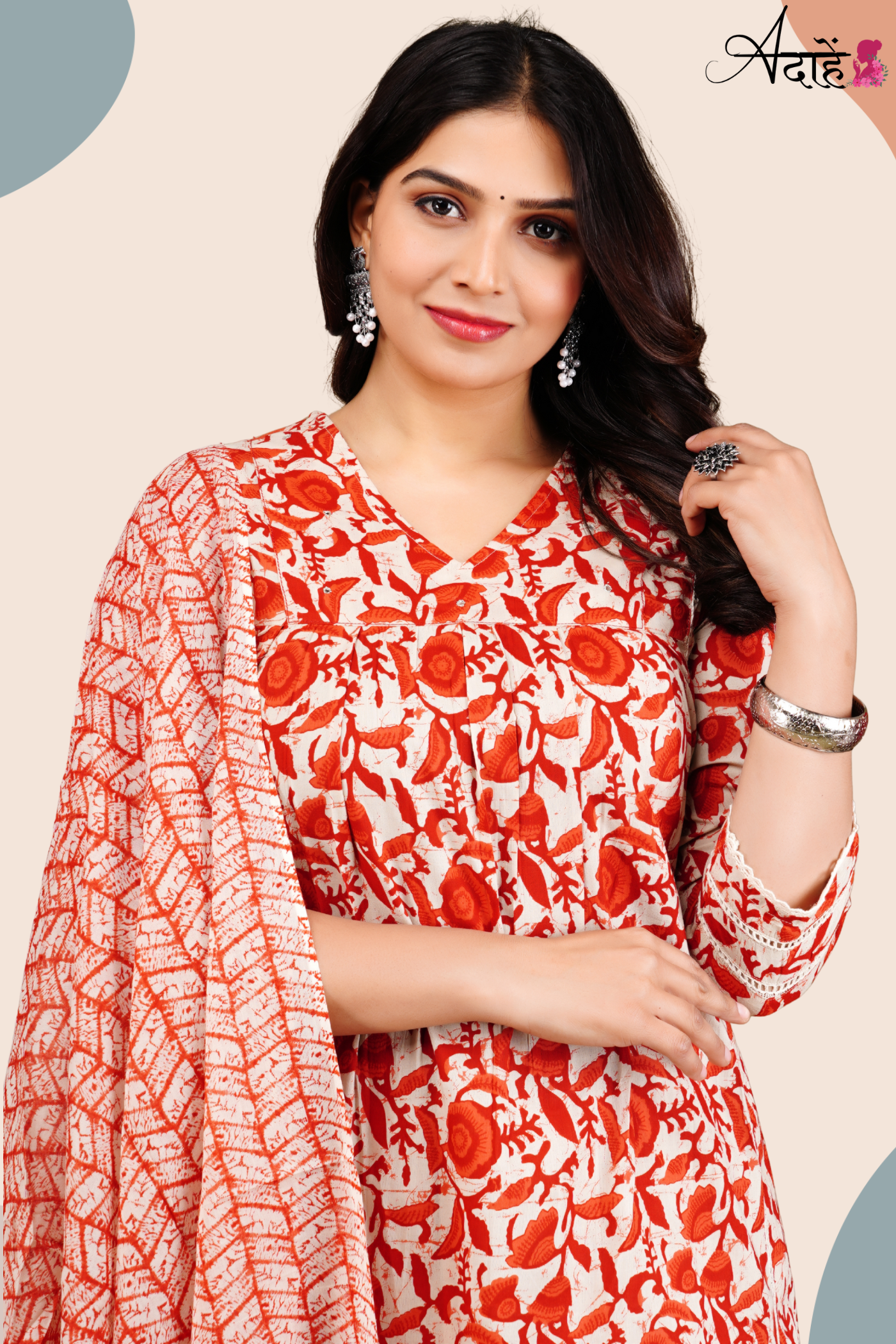 Adaahe Women's Pure Cotton Kurta Set with Dupatta | Vibrant Red Floral Print - Adaahe