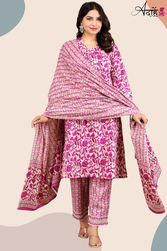 Adaahe Women's Pure Cotton Printed Kurta Set with Dupatta | Stylish Pink & Cream Floral Design - Adaahe