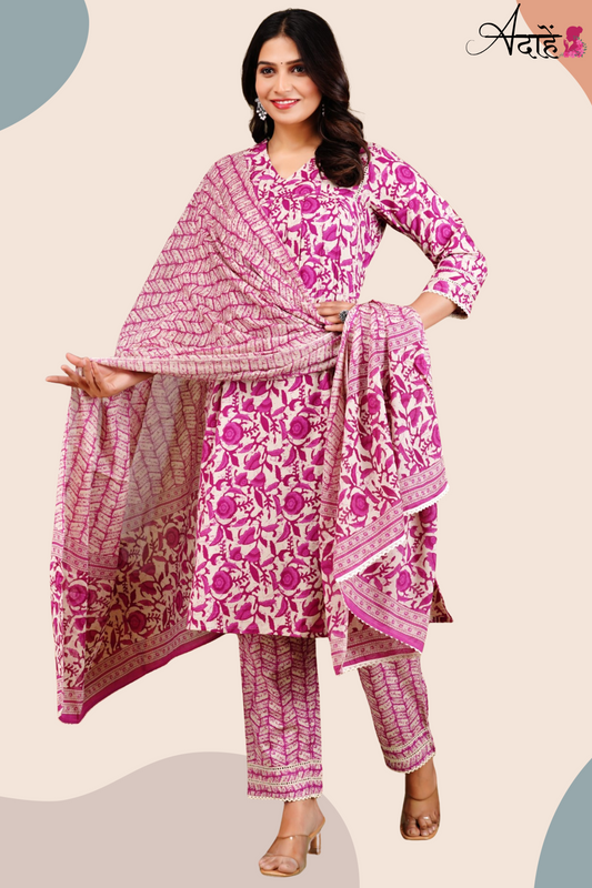 Adaahe Women's Pure Cotton Printed Kurta Set with Dupatta | Stylish Pink & Cream Floral Design - Adaahe