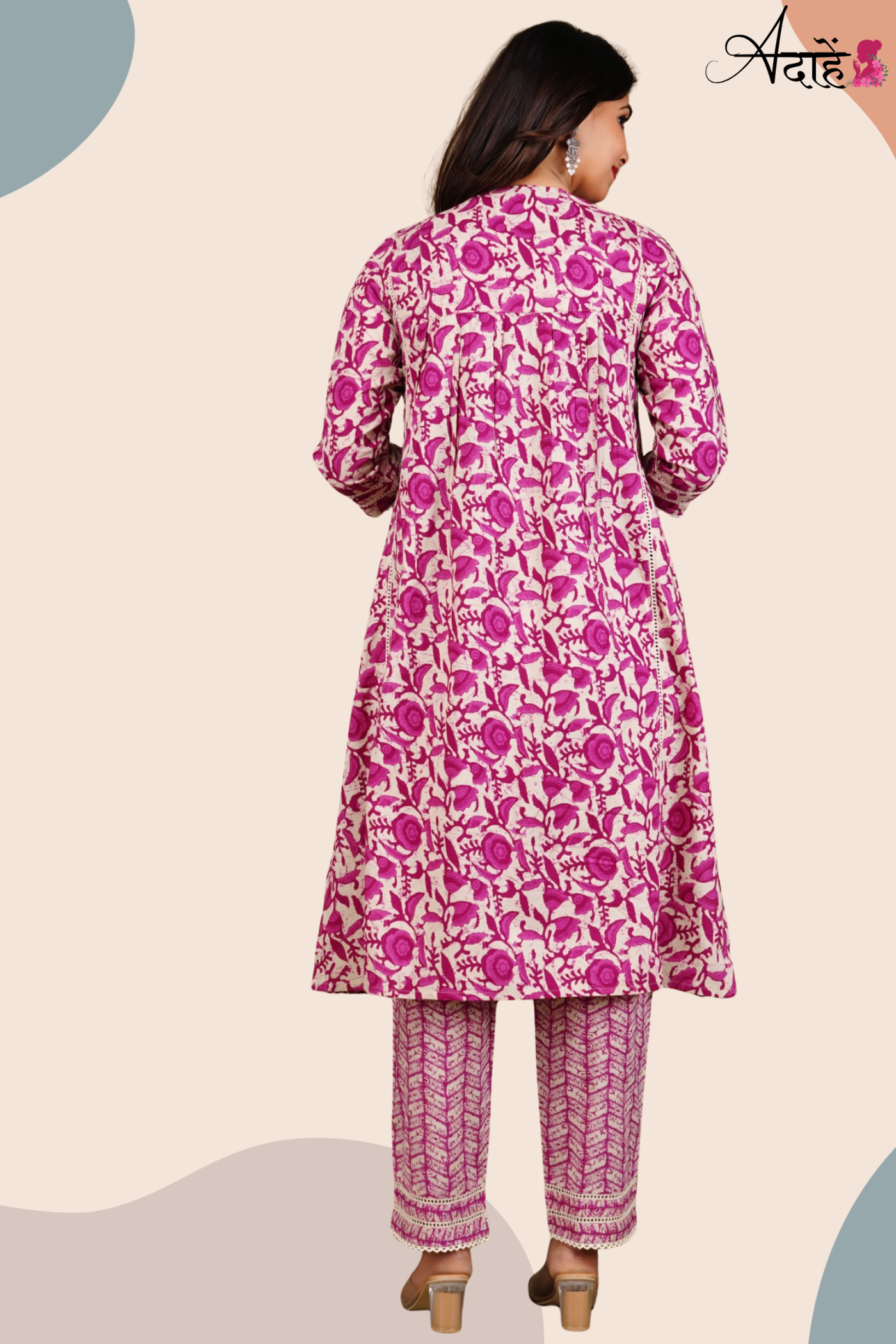 Adaahe Women's Pure Cotton Printed Kurta Set with Dupatta | Stylish Pink & Cream Floral Design - Adaahe