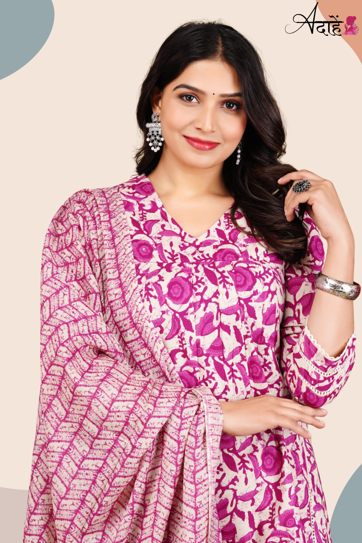 Adaahe Women's Pure Cotton Printed Kurta Set with Dupatta | Stylish Pink & Cream Floral Design - Adaahe