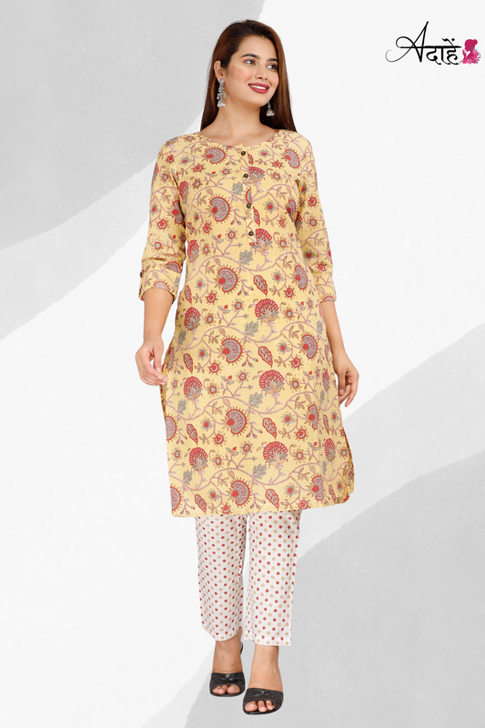 Adaahe Women's Stylish Yellow Printed Kurta Set - Adaahe