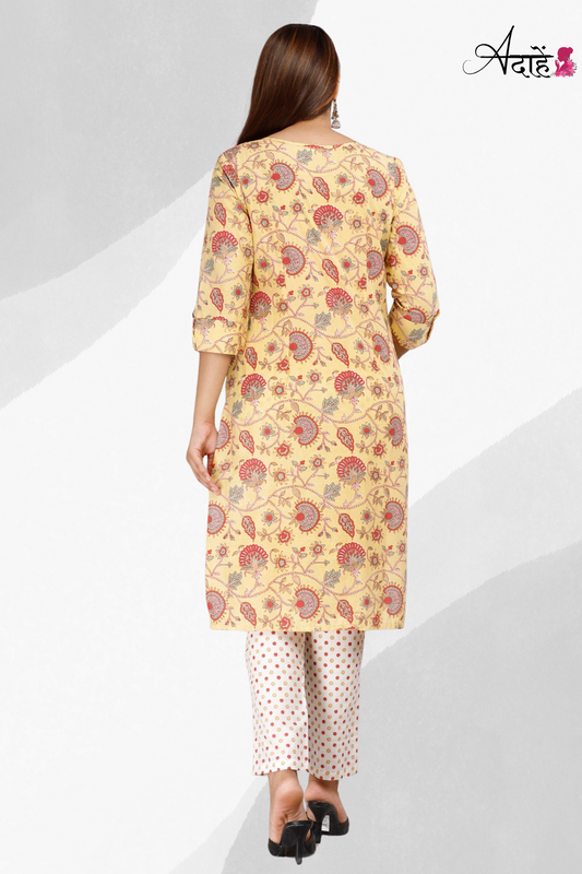 Adaahe Women's Stylish Yellow Printed Kurta Set - Adaahe