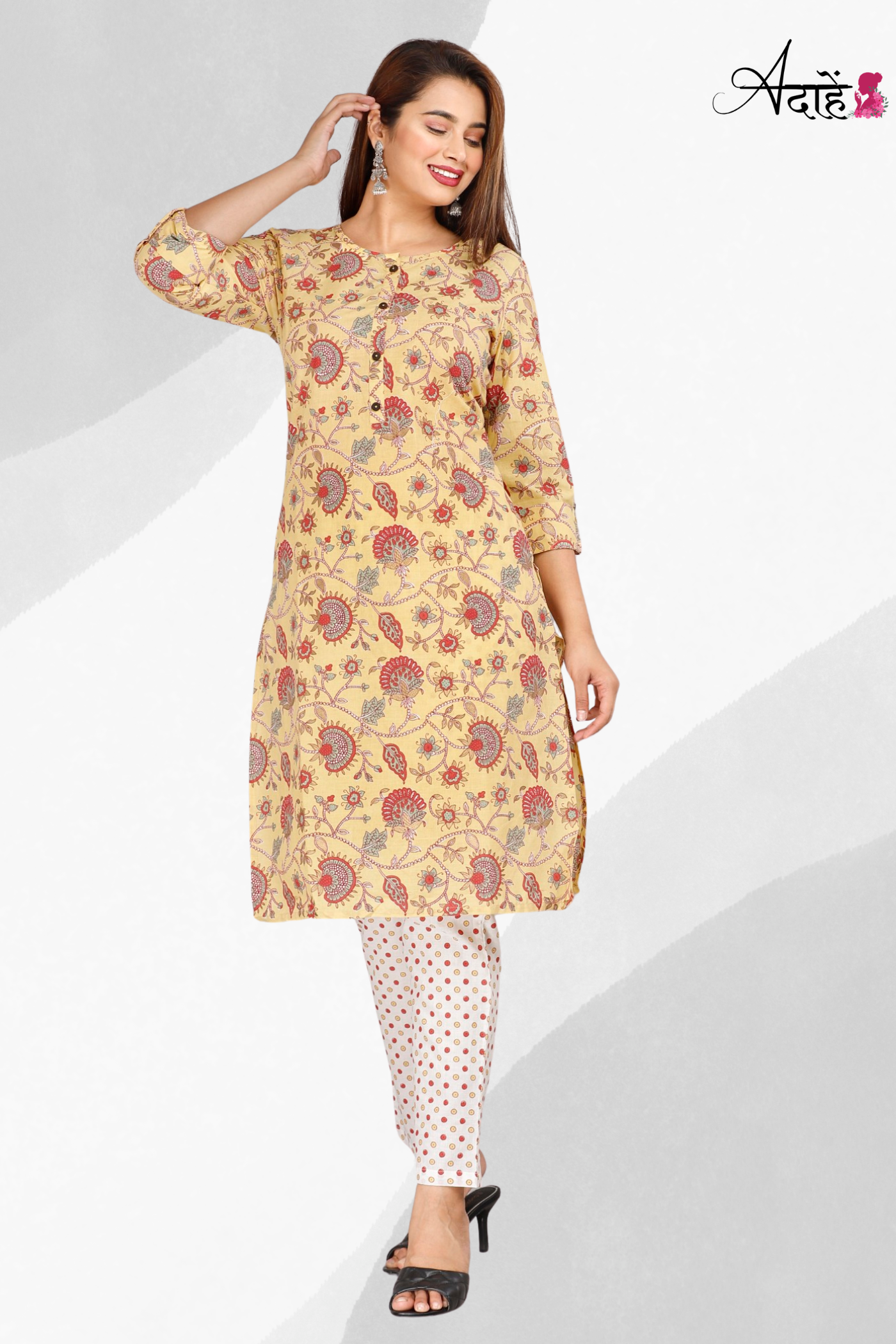 Adaahe Women's Stylish Yellow Printed Kurta Set - Adaahe