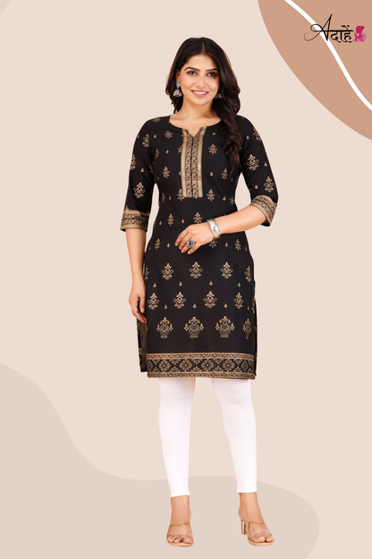 Adaahe Women's Black and Gold Printed Cotton Kurti - Adaahe