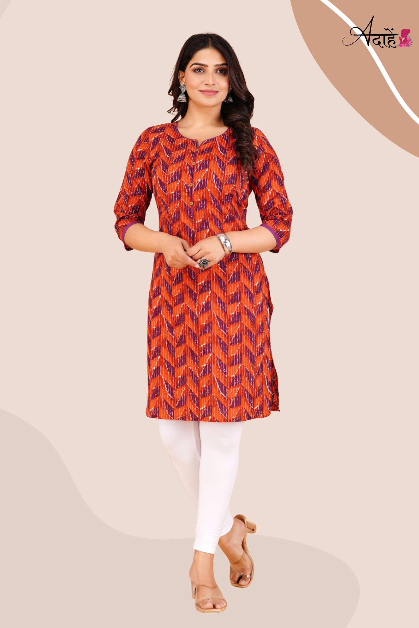 Adaahe Women's Orange and Purple Geometric Printed Kurti - Adaahe