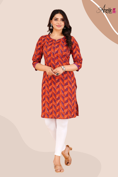Adaahe Women's Orange and Purple Geometric Printed Kurti - Adaahe