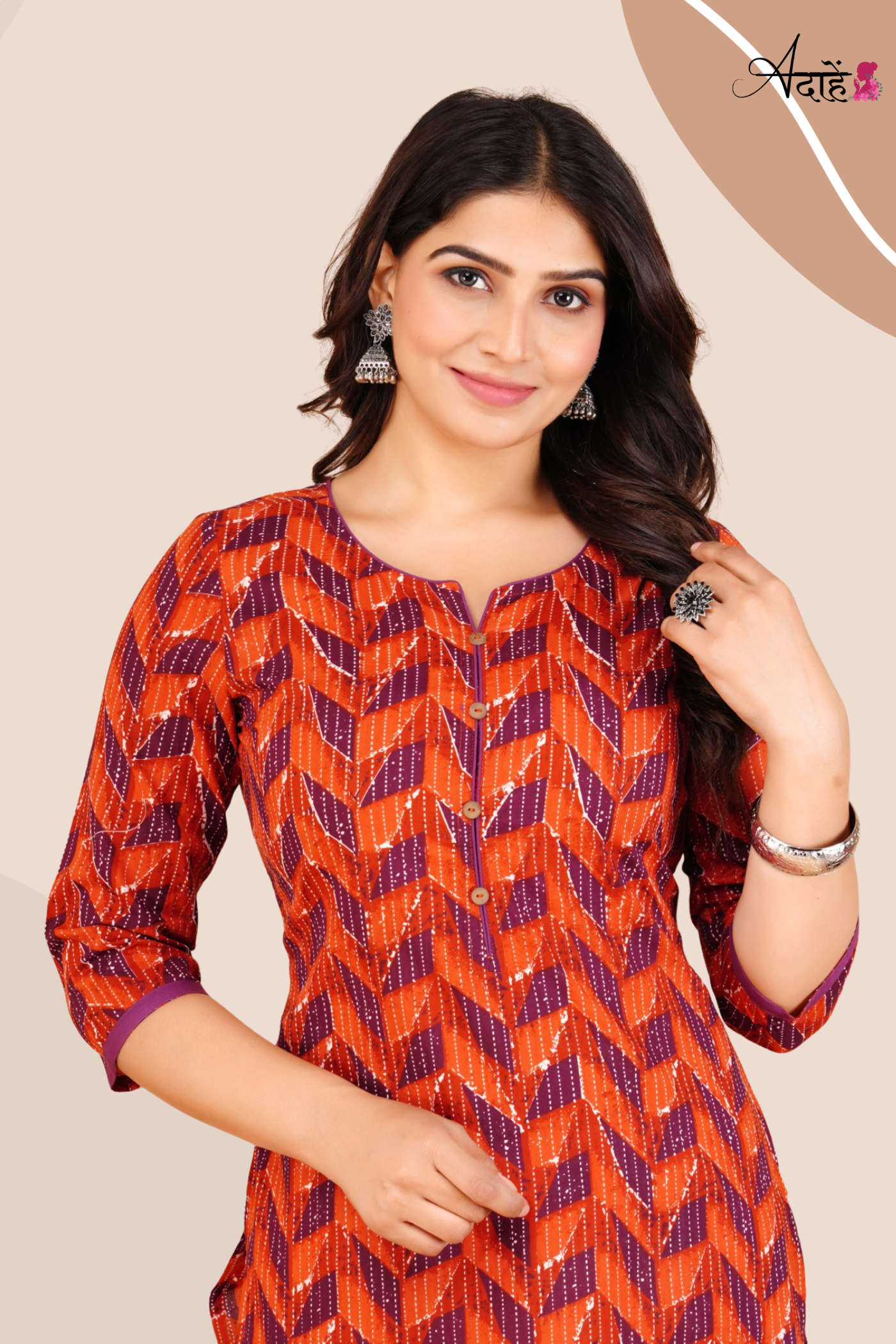 Adaahe Women's Orange and Purple Geometric Printed Kurti - Adaahe