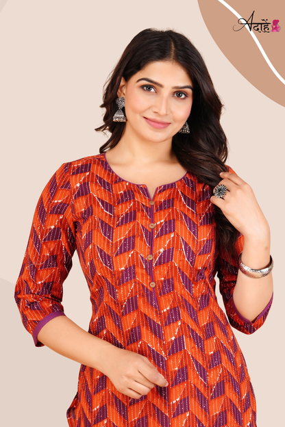 Adaahe Women's Orange and Purple Geometric Printed Kurti - Adaahe