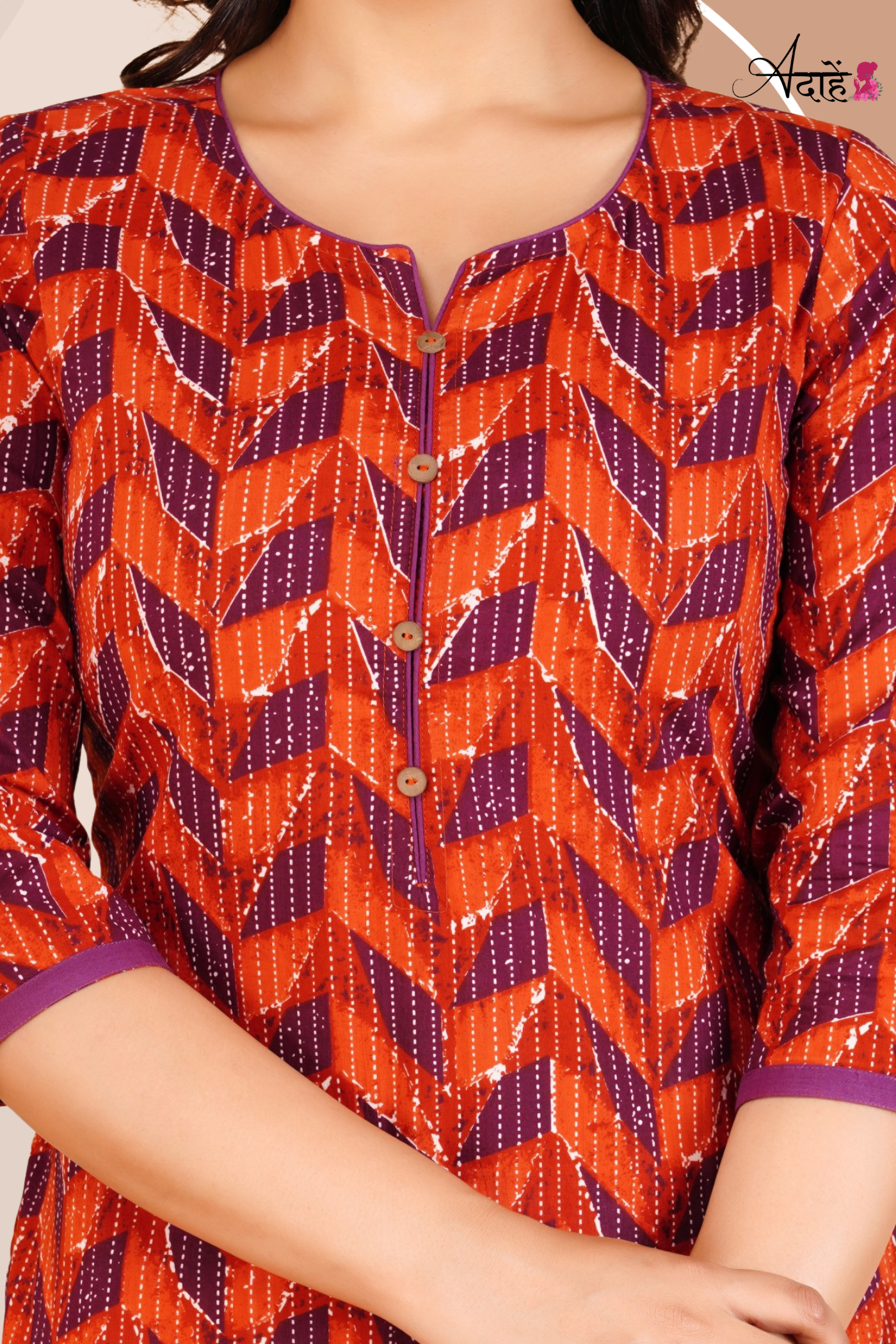 Adaahe Women's Orange and Purple Geometric Printed Kurti - Adaahe