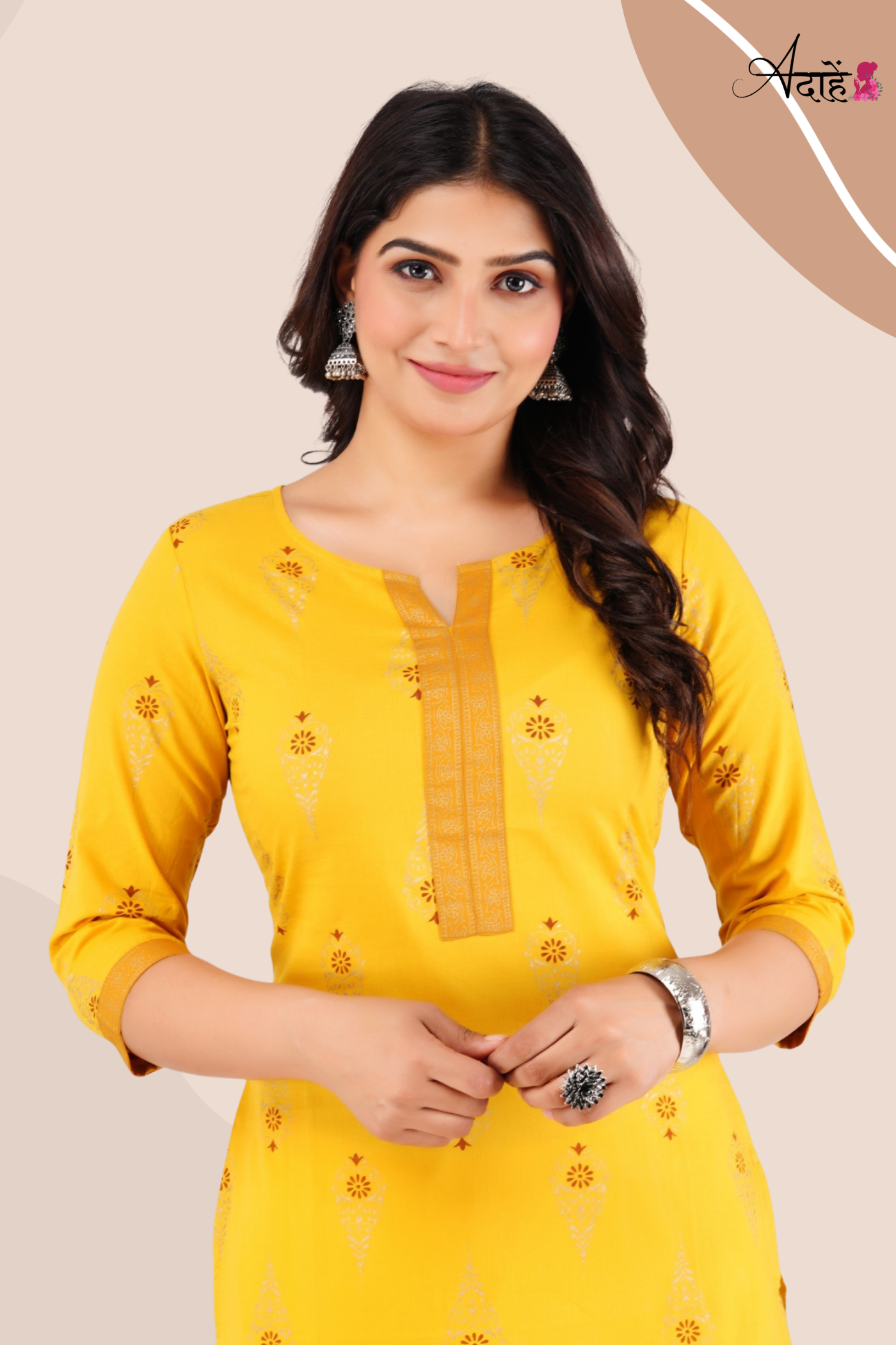 Adaahe Women's Yellow and Gold Printed Cotton Kurti - Adaahe