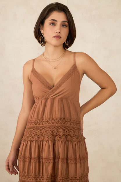 Adaahe Cotton Strappy Tiered Lace Dress for Women