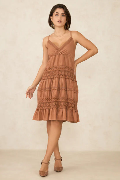 Adaahe Cotton Strappy Tiered Lace Dress for Women