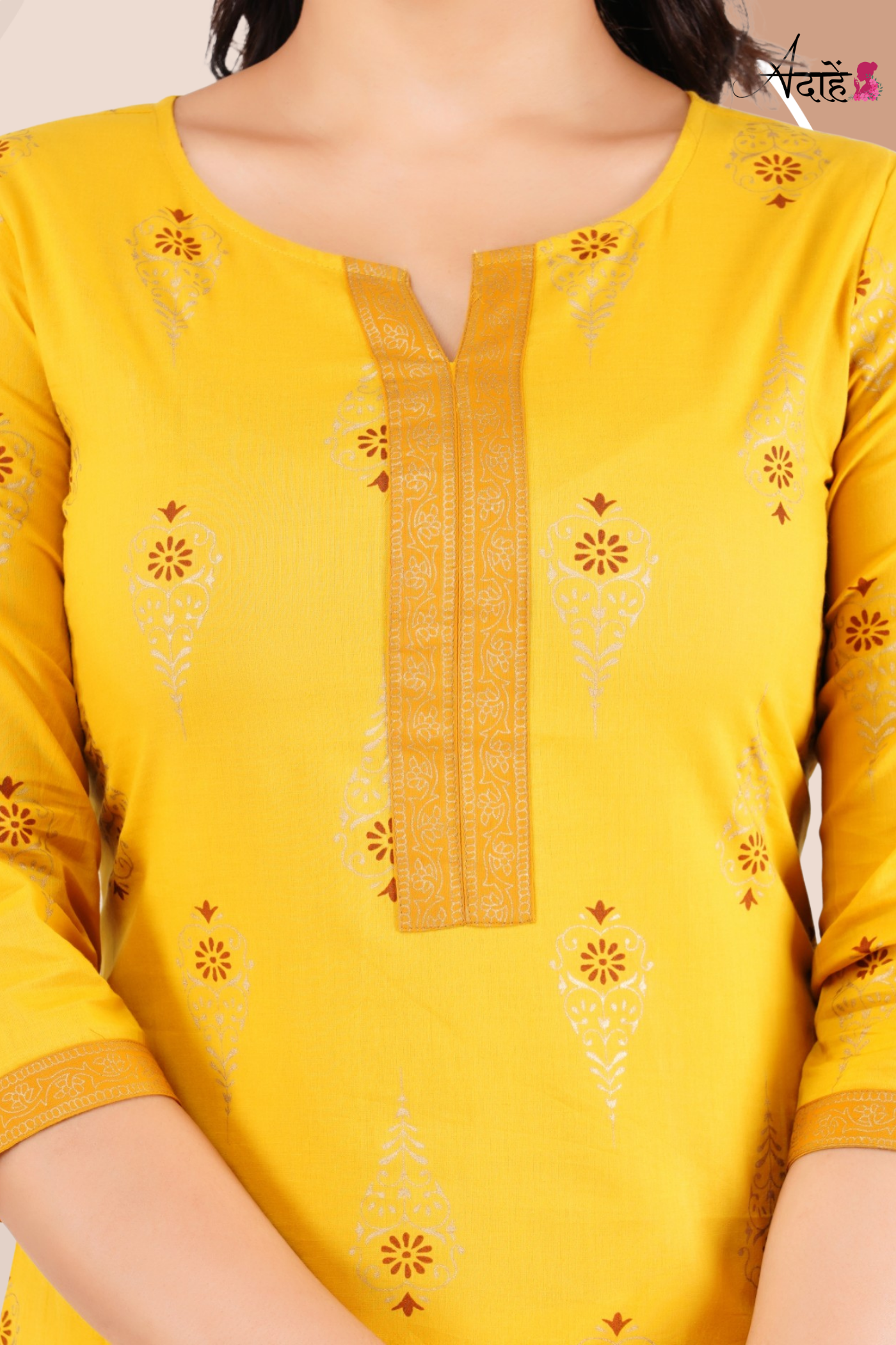Adaahe Women's Yellow and Gold Printed Cotton Kurti - Adaahe