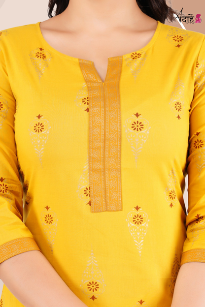Adaahe Women's Yellow and Gold Printed Cotton Kurti - Adaahe