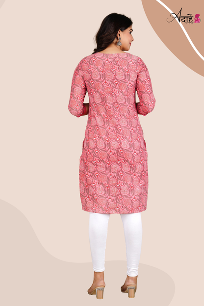 Adaahe Women's Jaipuri Printed Pink Cotton Kurti - Adaahe