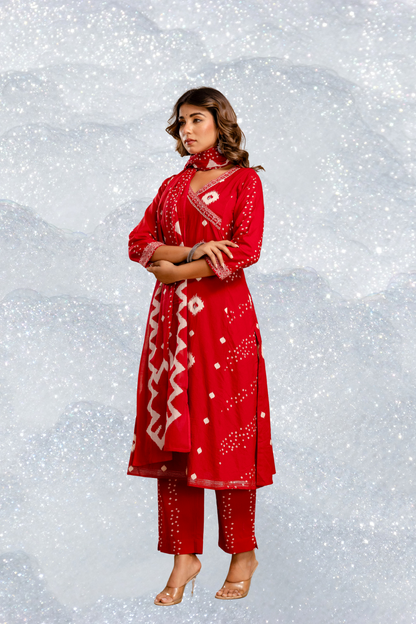 Adaahe Red Cotton Printed Kurta Pant with Dupatta Set for Women