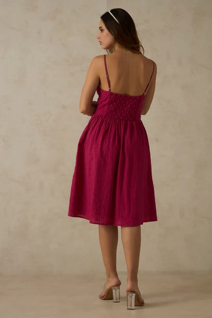 Adaahe Cotton Pink V Neck Ruched Midi Dress for Women - Adaahe