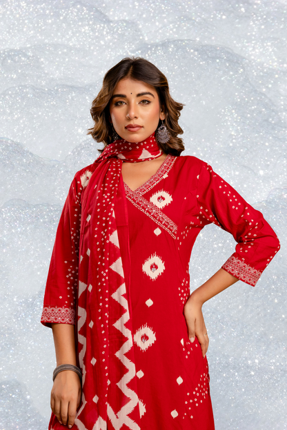 Adaahe Red Cotton Printed Kurta Pant with Dupatta Set for Women