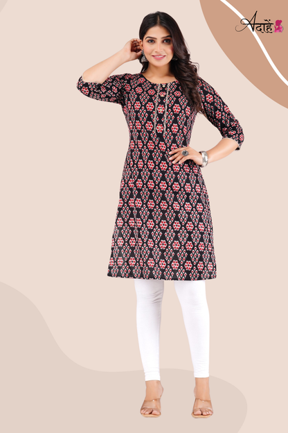 Adaahe Women's Black and Red Printed Cotton Kurti - Adaahe