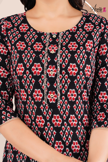 Adaahe Women's Black and Red Printed Cotton Kurti - Adaahe