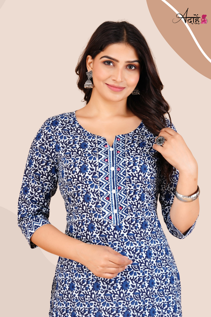 Adaahe Women's Blue and White Printed Cotton Kurti - Adaahe