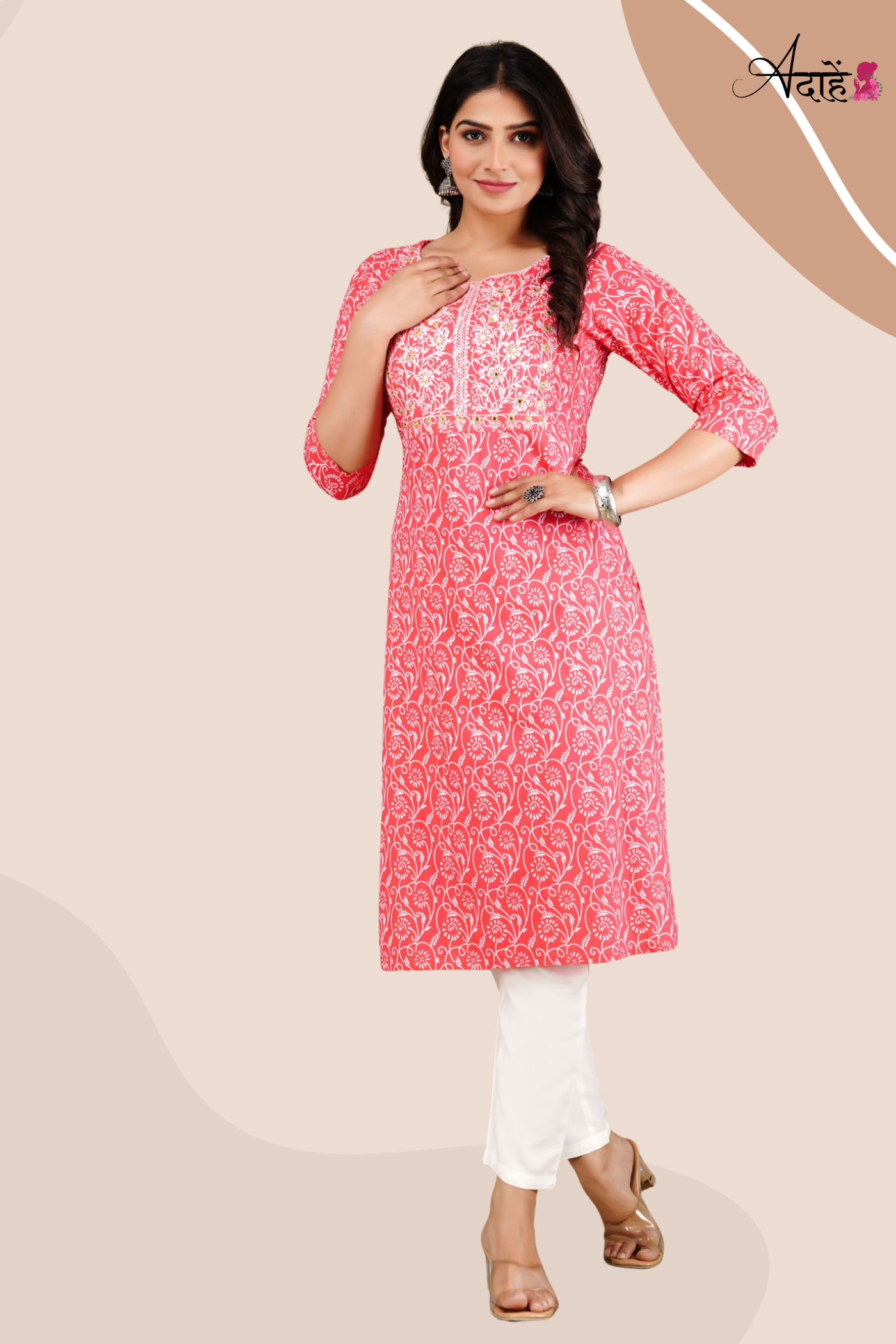 Adaahe Women's Pink and White Printed Cotton Kurti with Embroidery - Adaahe