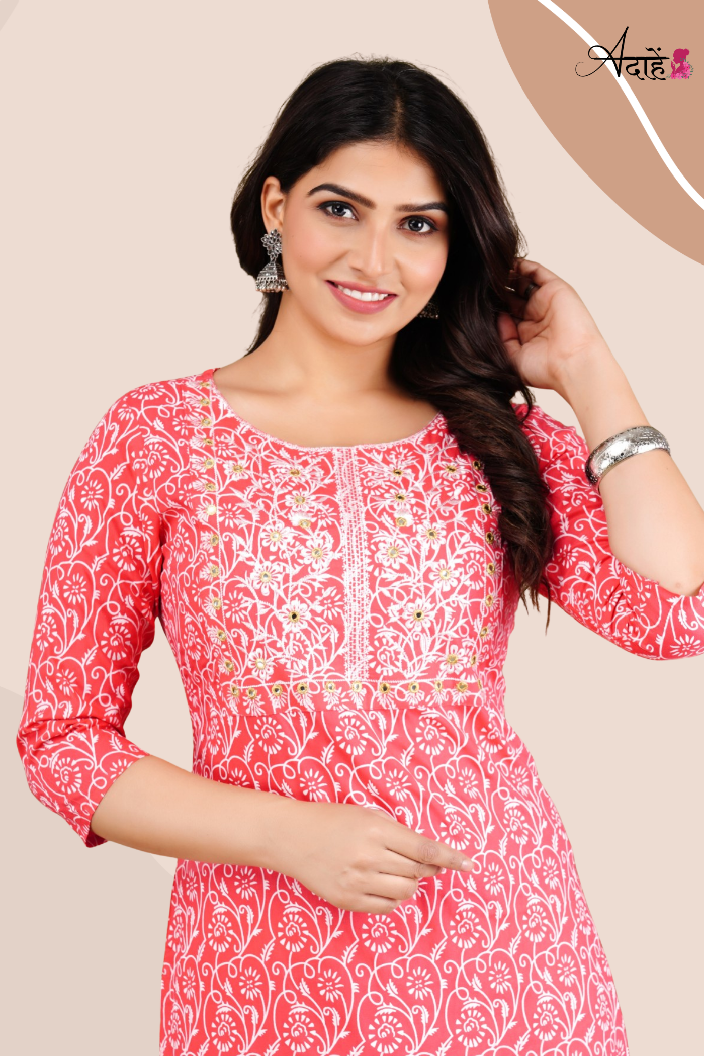 Adaahe Women's Pink and White Printed Cotton Kurti with Embroidery - Adaahe