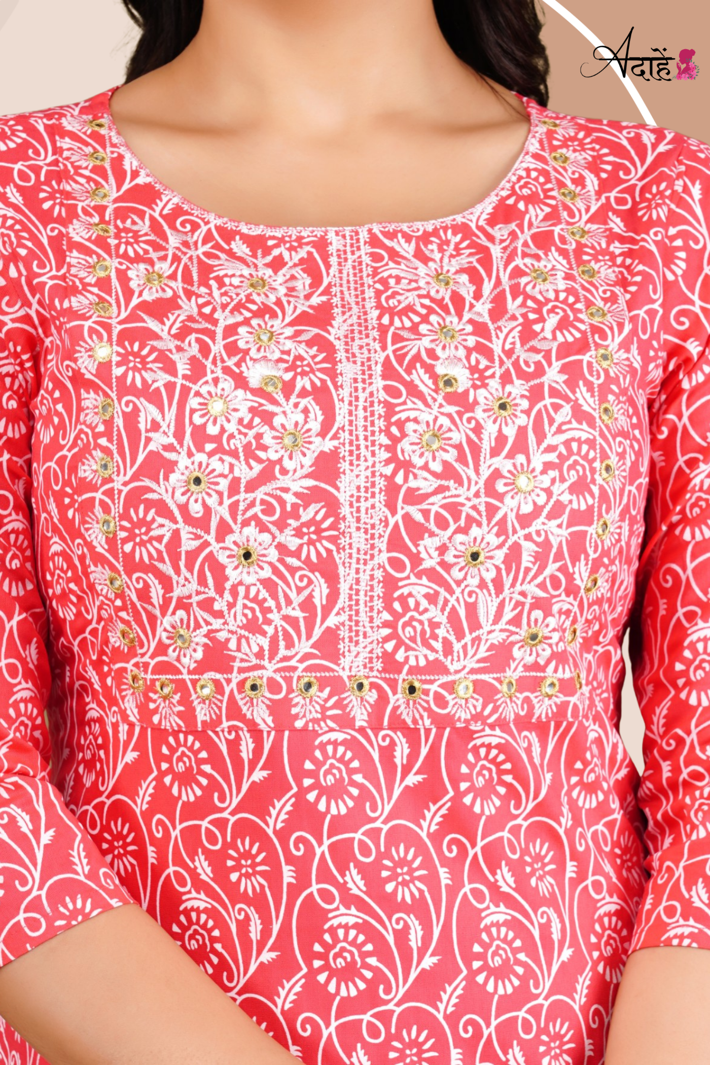 Adaahe Women's Pink and White Printed Cotton Kurti with Embroidery - Adaahe