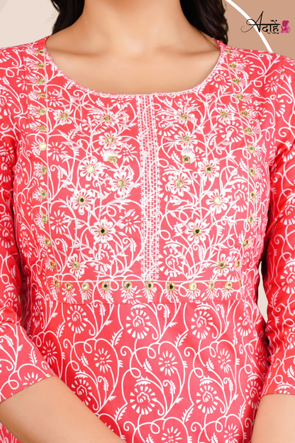 Adaahe Women's Pink and White Printed Cotton Kurti with Embroidery - Adaahe