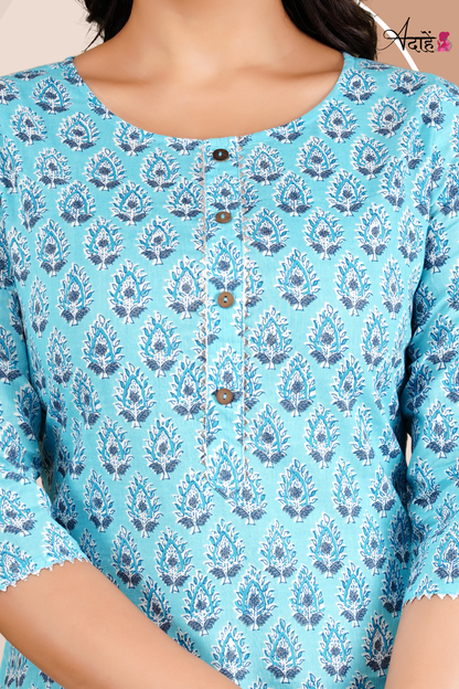 Adaahe Women's Sky Blue Printed Cotton Kurti - Adaahe
